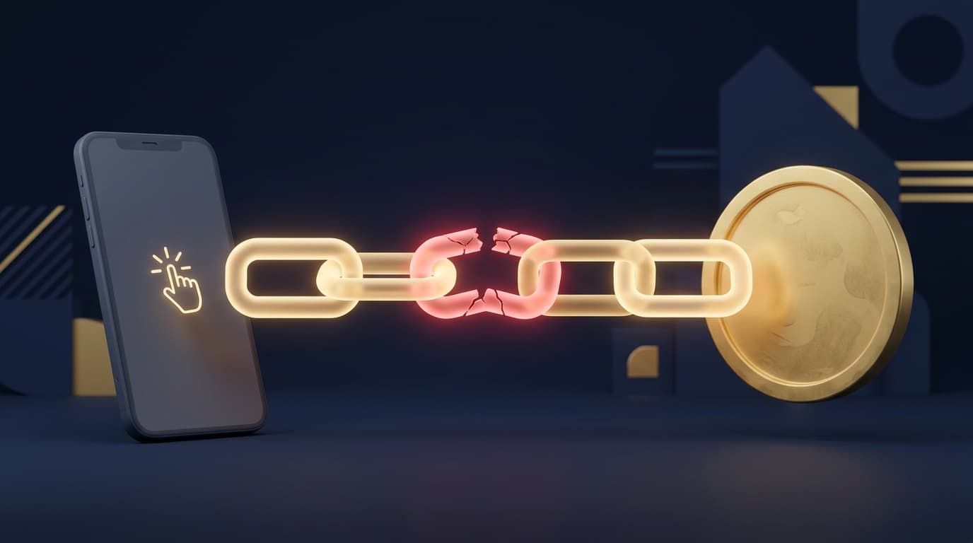 3D illustration of a glowing chain between a smartphone and a gold coin with one cracked link, representing a broken offerwall tracking attribution chain