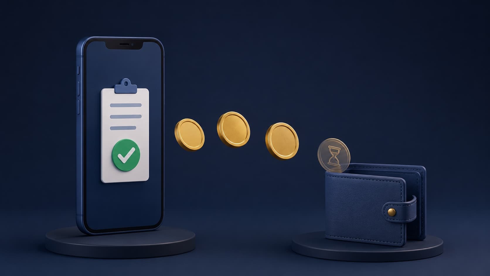 3D illustration of a smartphone showing a completed checklist with a green checkmark, with gold coins frozen in mid-air on their way to a wallet — one faded coin marked with an hourglass, representing Swagbucks offer rewards stuck pending and not crediting